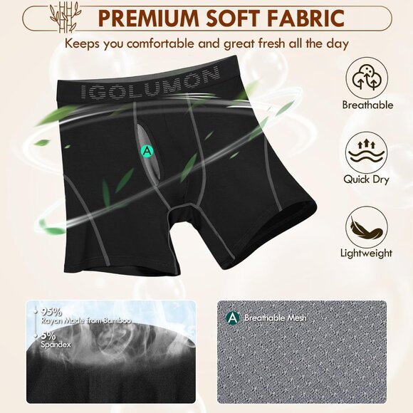 Men’s Boxer Briefs 7 Pack Breathable Bamboo Rayon Soft Trunks w Pouch - Picture 4 of 7